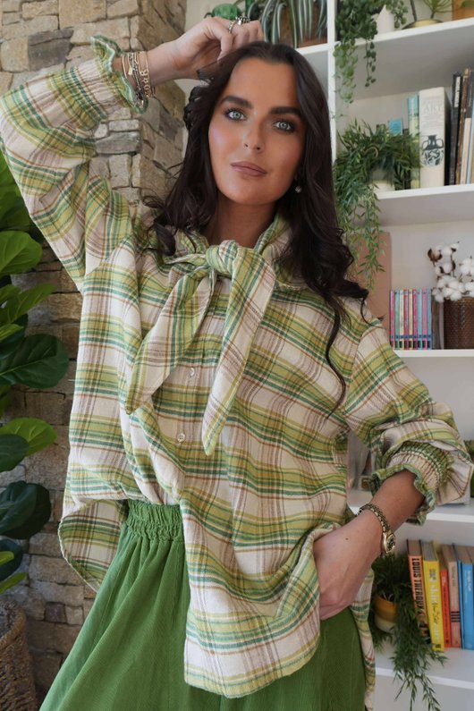 Agnes Plaid Brushed Cotton Neckerchief Blouse Greens